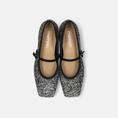 予約：2025AW：スクエアトゥ メリージェーン フラット（m10310）シルバーグリッター/mamian（マミアン）