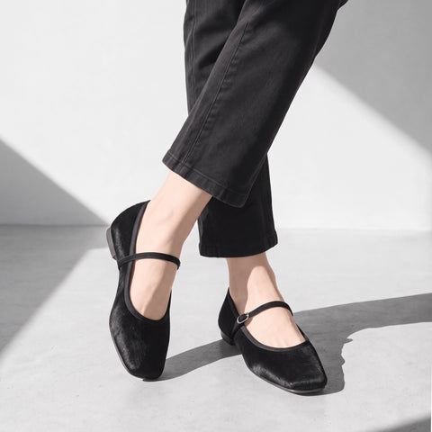予約：2026AW：スクエアトゥ メリージェーン フラット（m10310）ブラックハラコ